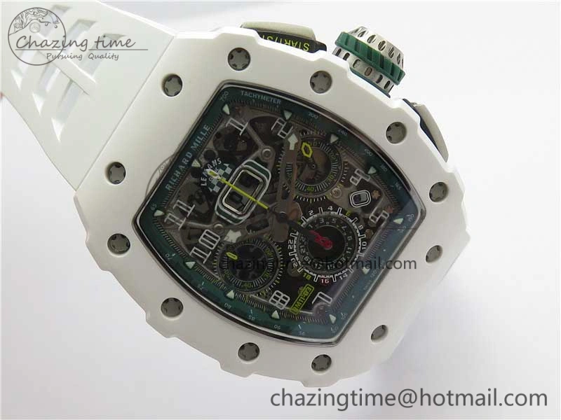 RM011 Real White Ceramic Chronograph KVF 1:1 Best Edition Crystal Skeleton Dial Green on Rubber Strap A7750