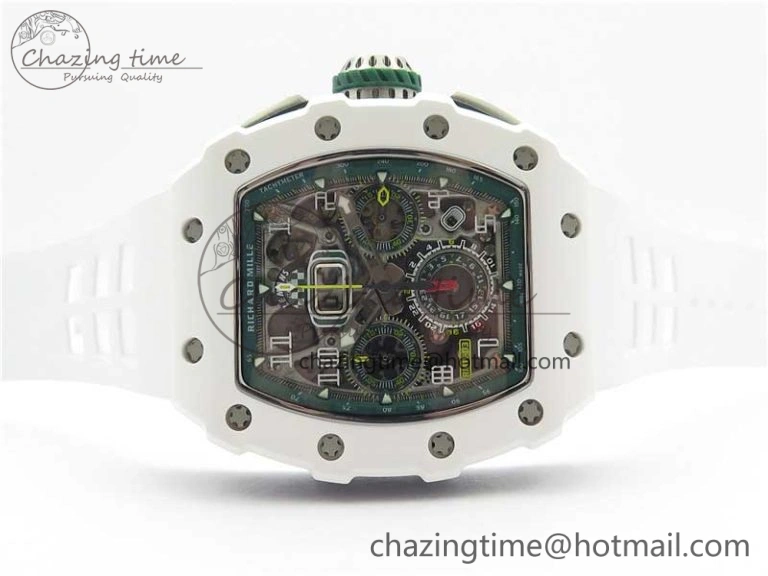 RM011 Real White Ceramic Chronograph KVF 1:1 Best Edition Crystal Skeleton Dial Green on Rubber Strap A7750