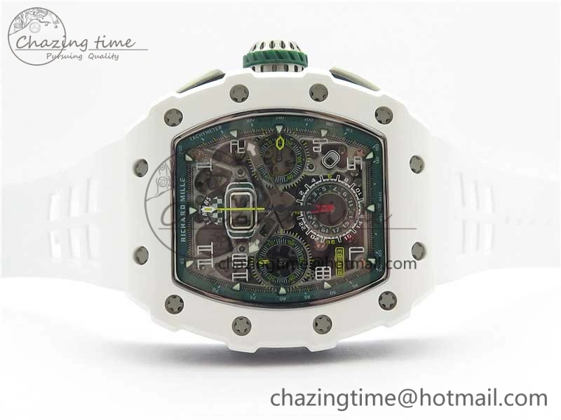 RM011 Real White Ceramic Chronograph KVF 1:1 Best Edition Crystal Skeleton Dial Green on Rubber Strap A7750