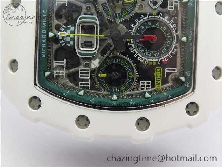 RM011 Real White Ceramic Chronograph KVF 1:1 Best Edition Crystal Skeleton Dial Green on Rubber Strap A7750
