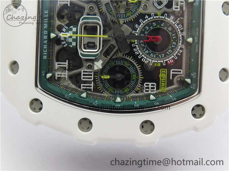 RM011 Real White Ceramic Chronograph KVF 1:1 Best Edition Crystal Skeleton Dial Green on Rubber Strap A7750