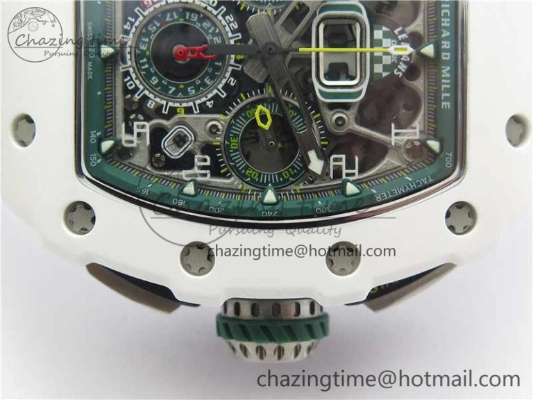 RM011 Real White Ceramic Chronograph KVF 1:1 Best Edition Crystal Skeleton Dial Green on Rubber Strap A7750
