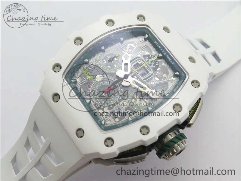 RM011 Real White Ceramic Chronograph KVF 1:1 Best Edition Crystal Skeleton Dial Green on Rubber Strap A7750