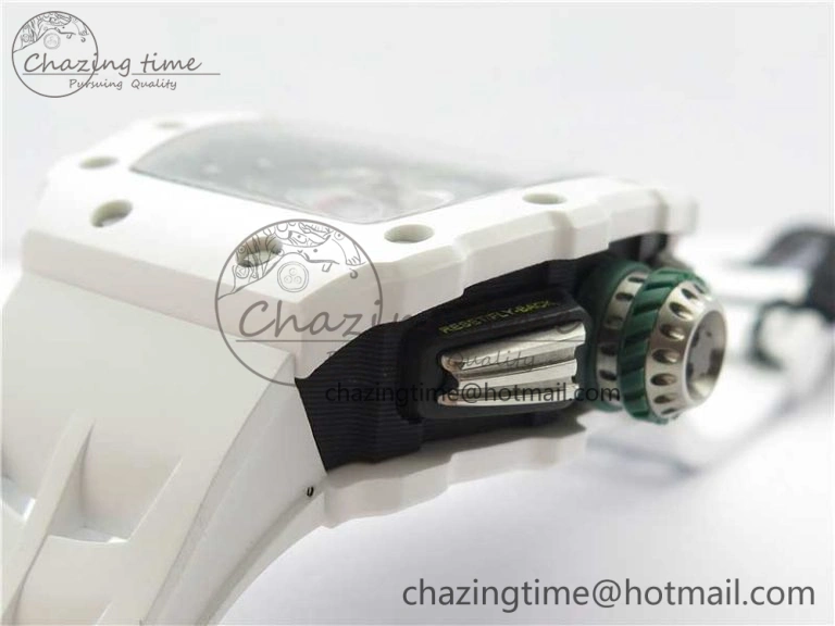 RM011 Real White Ceramic Chronograph KVF 1:1 Best Edition Crystal Skeleton Dial Green on Rubber Strap A7750