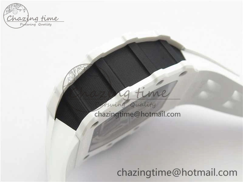 RM011 Real White Ceramic Chronograph KVF 1:1 Best Edition Crystal Skeleton Dial Green on Rubber Strap A7750