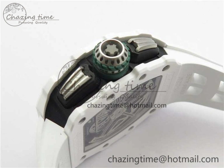 RM011 Real White Ceramic Chronograph KVF 1:1 Best Edition Crystal Skeleton Dial Green on Rubber Strap A7750