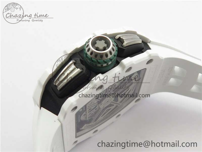 RM011 Real White Ceramic Chronograph KVF 1:1 Best Edition Crystal Skeleton Dial Green on Rubber Strap A7750