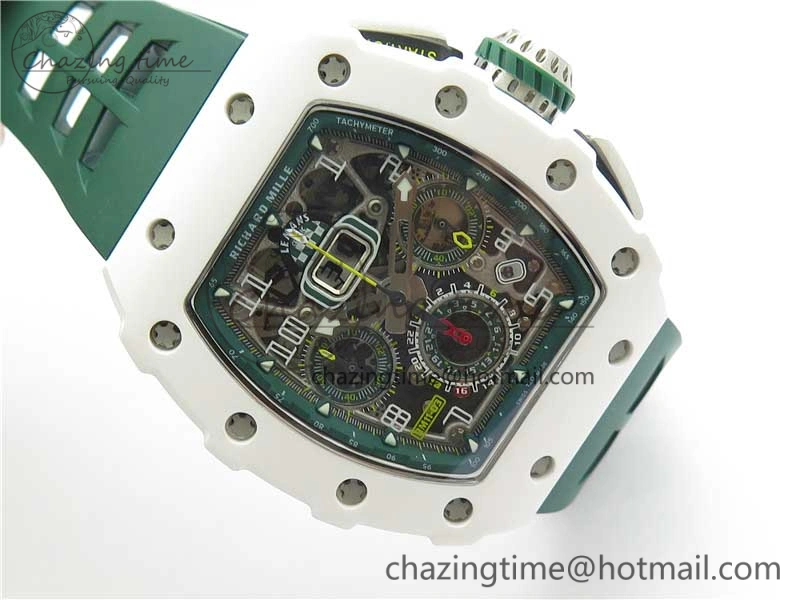 RM011 Real White Ceramic Chronograph KVF 1:1 Best Edition Crystal Skeleton Dial Green on Rubber Strap A7750
