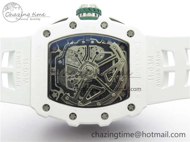 RM011 Real White Ceramic Chronograph KVF 1:1 Best Edition Crystal Skeleton Dial Green on Rubber Strap A7750