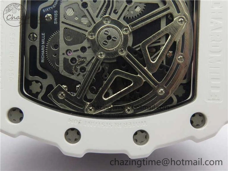 RM011 Real White Ceramic Chronograph KVF 1:1 Best Edition Crystal Skeleton Dial Green on Rubber Strap A7750