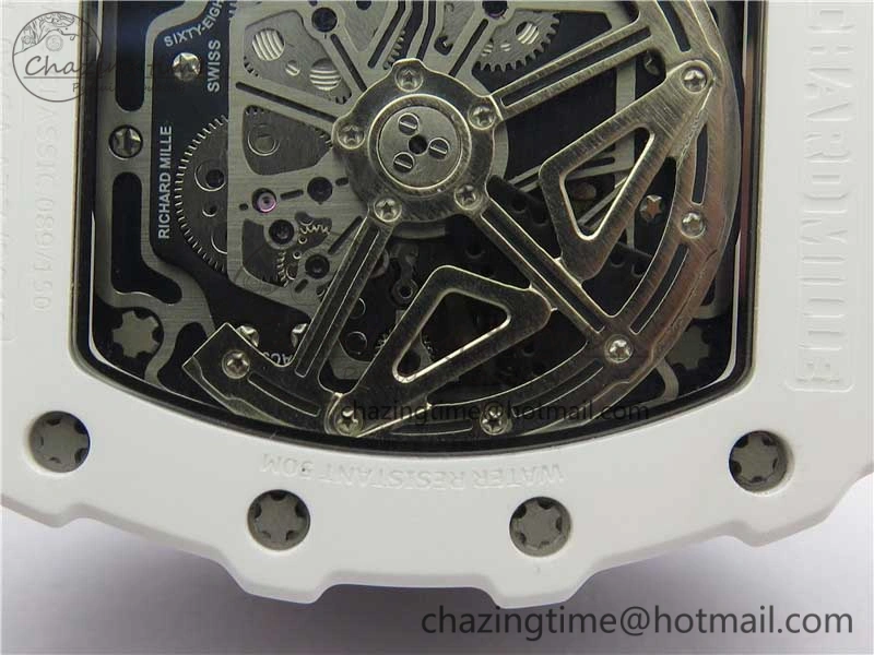 RM011 Real White Ceramic Chronograph KVF 1:1 Best Edition Crystal Skeleton Dial Green on Rubber Strap A7750