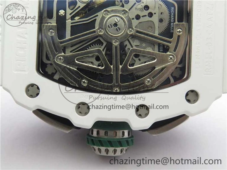 RM011 Real White Ceramic Chronograph KVF 1:1 Best Edition Crystal Skeleton Dial Green on Rubber Strap A7750