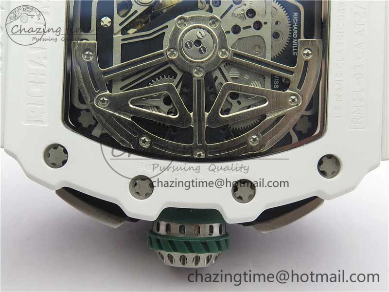 RM011 Real White Ceramic Chronograph KVF 1:1 Best Edition Crystal Skeleton Dial Green on Rubber Strap A7750