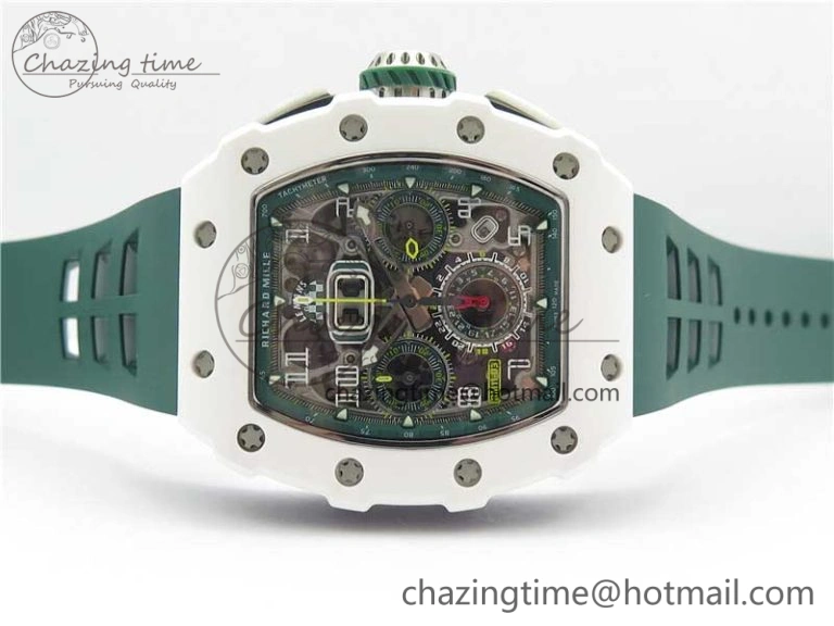 RM011 Real White Ceramic Chronograph KVF 1:1 Best Edition Crystal Skeleton Dial Green on Rubber Strap A7750