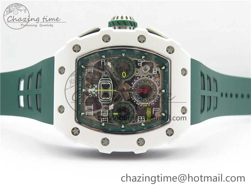 RM011 Real White Ceramic Chronograph KVF 1:1 Best Edition Crystal Skeleton Dial Green on Rubber Strap A7750