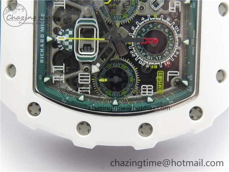 RM011 Real White Ceramic Chronograph KVF 1:1 Best Edition Crystal Skeleton Dial Green on Rubber Strap A7750