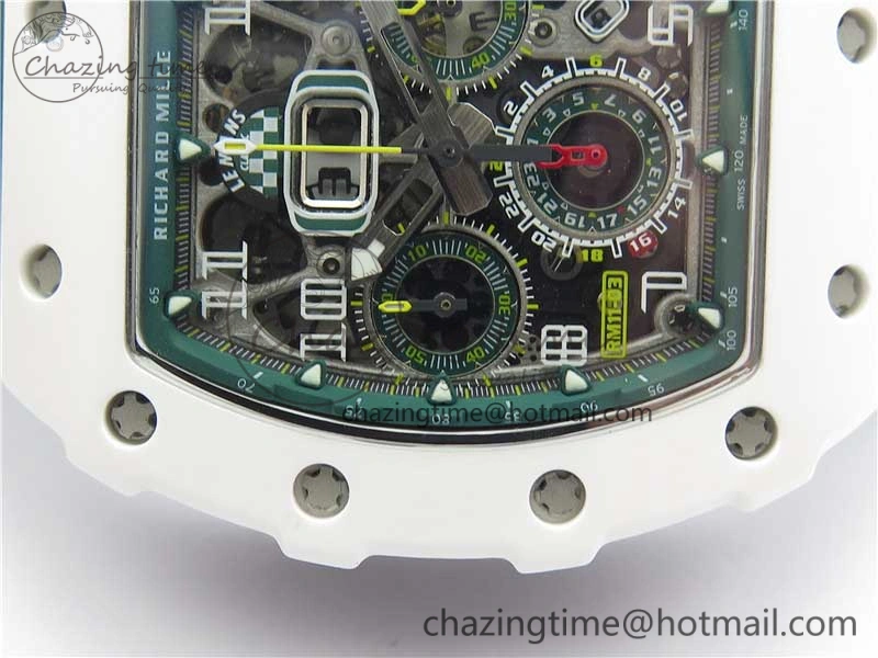 RM011 Real White Ceramic Chronograph KVF 1:1 Best Edition Crystal Skeleton Dial Green on Rubber Strap A7750