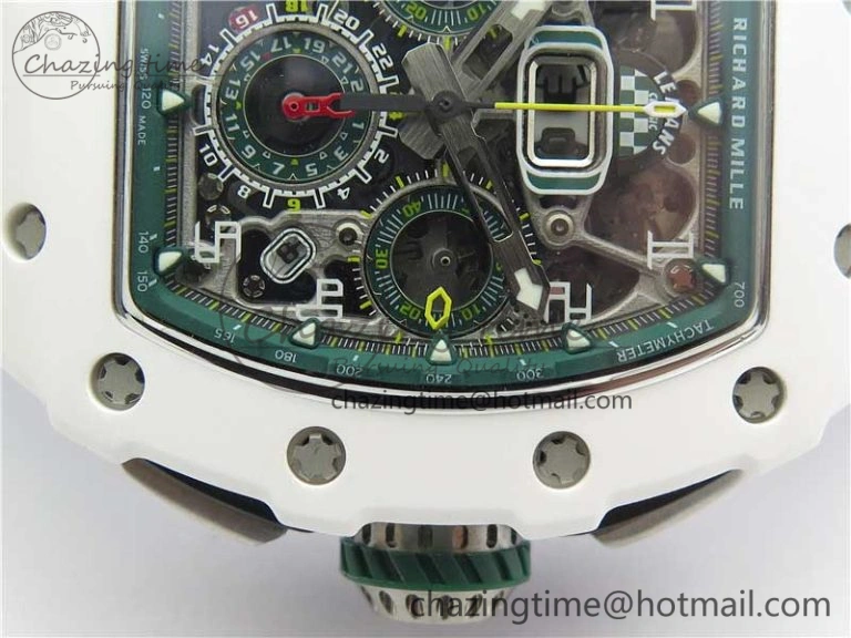 RM011 Real White Ceramic Chronograph KVF 1:1 Best Edition Crystal Skeleton Dial Green on Rubber Strap A7750