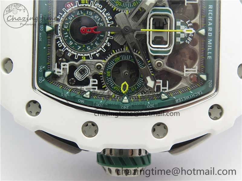 RM011 Real White Ceramic Chronograph KVF 1:1 Best Edition Crystal Skeleton Dial Green on Rubber Strap A7750