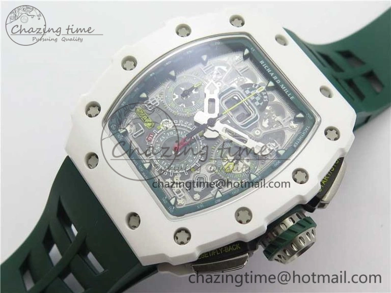RM011 Real White Ceramic Chronograph KVF 1:1 Best Edition Crystal Skeleton Dial Green on Rubber Strap A7750