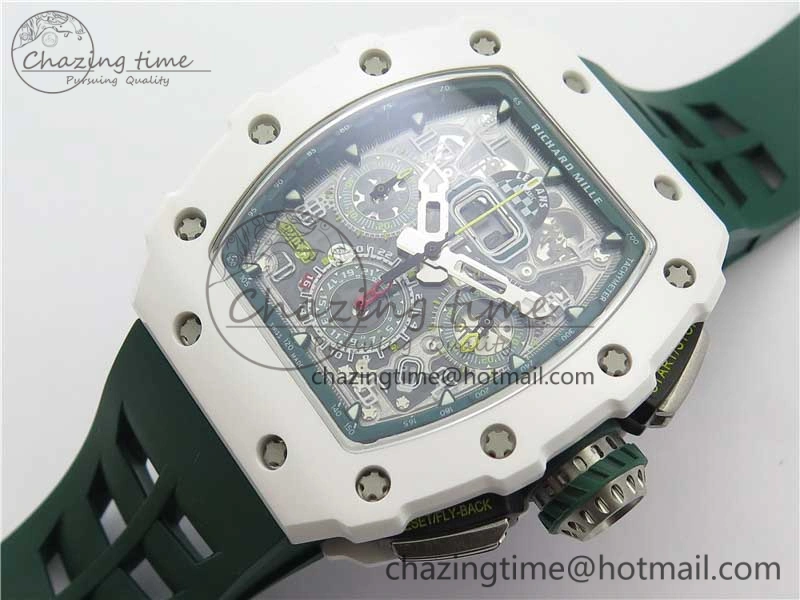 RM011 Real White Ceramic Chronograph KVF 1:1 Best Edition Crystal Skeleton Dial Green on Rubber Strap A7750