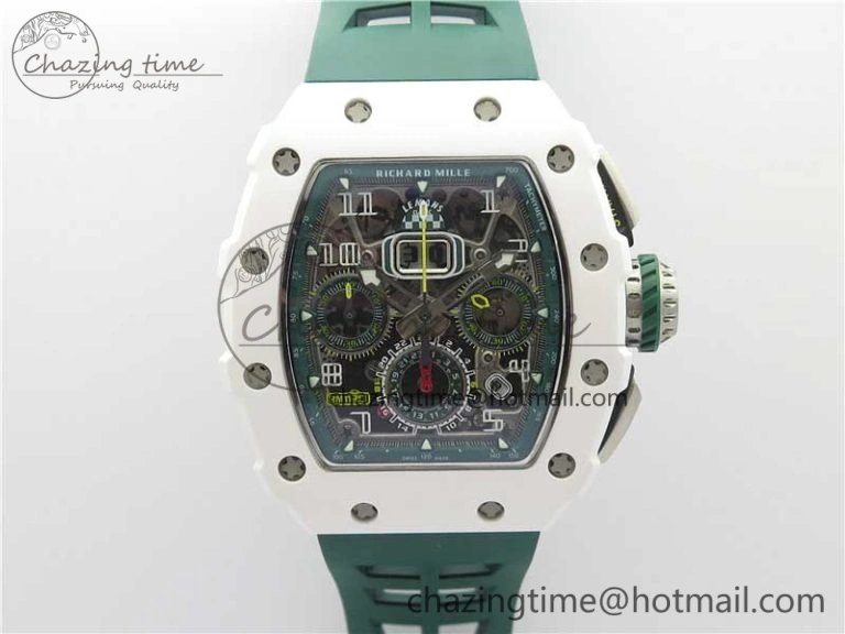 RM011 Real White Ceramic Chronograph KVF 1:1 Best Edition Crystal Skeleton Dial Green on Rubber Strap A7750