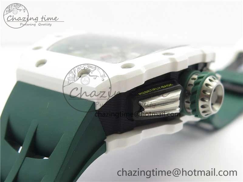 RM011 Real White Ceramic Chronograph KVF 1:1 Best Edition Crystal Skeleton Dial Green on Rubber Strap A7750