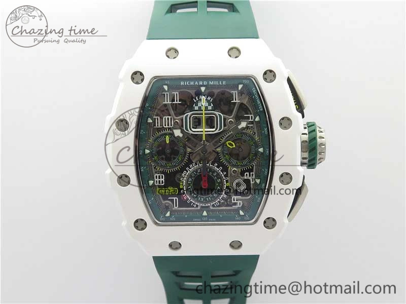 RM011 Real White Ceramic Chronograph KVF 1:1 Best Edition Crystal Skeleton Dial Green on Rubber Strap A7750