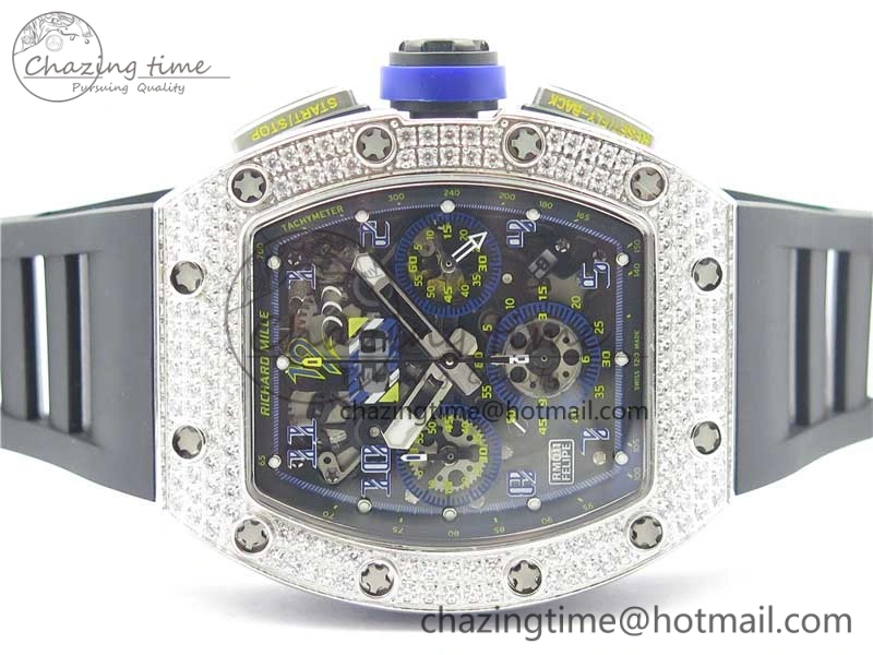 RM011 SS Chrono KVF 1:1 Best Edition Diamonds Bezel Crystal Dial Black on Black Rubber Strap A7750 V3