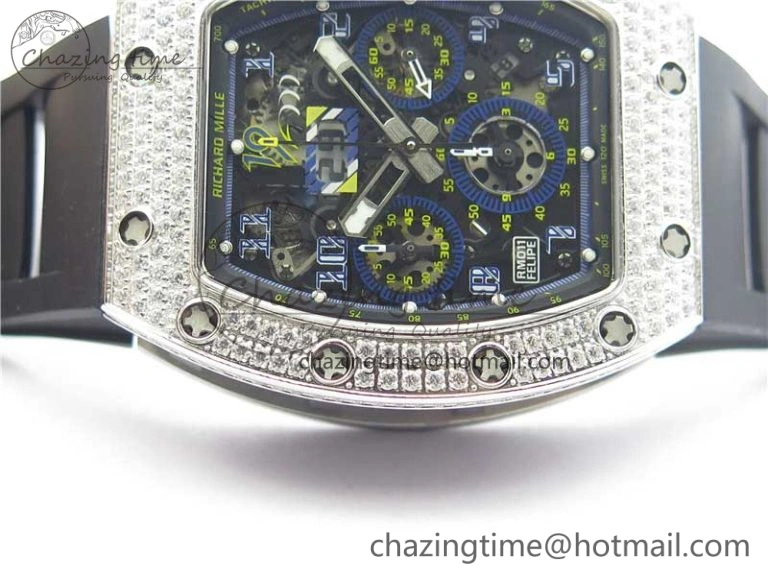 RM011 SS Chrono KVF 1:1 Best Edition Diamonds Bezel Crystal Dial Black on Black Rubber Strap A7750 V3