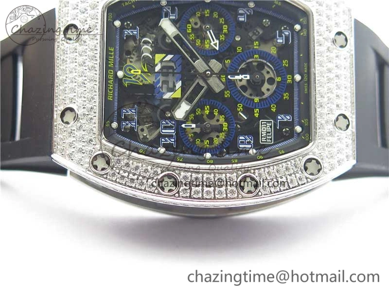 RM011 SS Chrono KVF 1:1 Best Edition Diamonds Bezel Crystal Dial Black on Black Rubber Strap A7750 V3