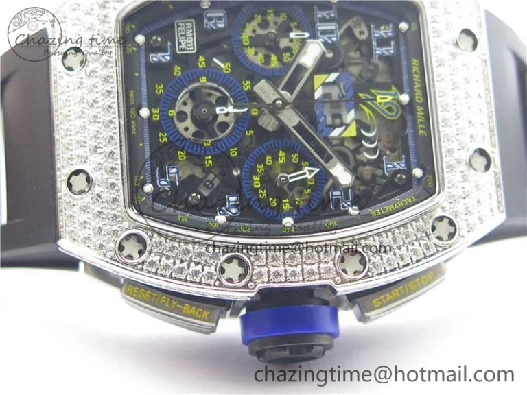 RM011 SS Chrono KVF 1:1 Best Edition Diamonds Bezel Crystal Dial Black on Black Rubber Strap A7750 V3