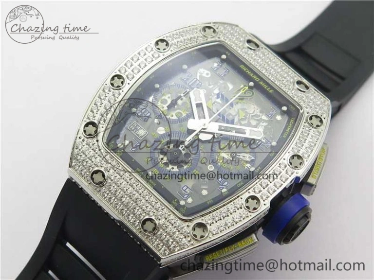 RM011 SS Chrono KVF 1:1 Best Edition Diamonds Bezel Crystal Dial Black on Black Rubber Strap A7750 V3