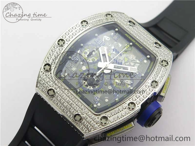RM011 SS Chrono KVF 1:1 Best Edition Diamonds Bezel Crystal Dial Black on Black Rubber Strap A7750 V3