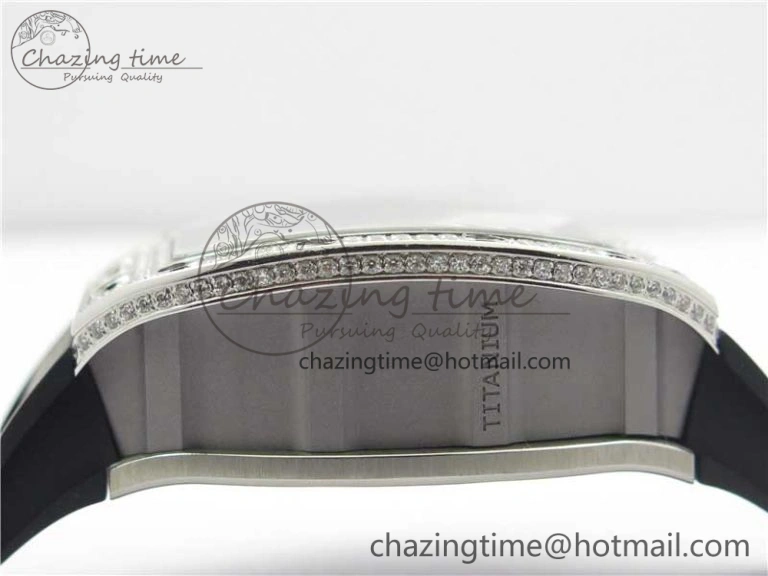 RM011 SS Chrono KVF 1:1 Best Edition Diamonds Bezel Crystal Dial Black on Black Rubber Strap A7750 V3