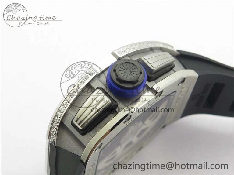 RM011 SS Chrono KVF 1:1 Best Edition Diamonds Bezel Crystal Dial Black on Black Rubber Strap A7750 V3