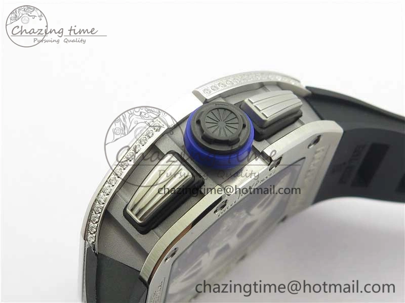 RM011 SS Chrono KVF 1:1 Best Edition Diamonds Bezel Crystal Dial Black on Black Rubber Strap A7750 V3