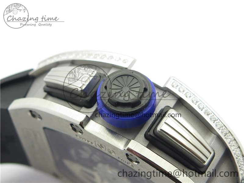 RM011 SS Chrono KVF 1:1 Best Edition Diamonds Bezel Crystal Dial Black on Black Rubber Strap A7750 V3