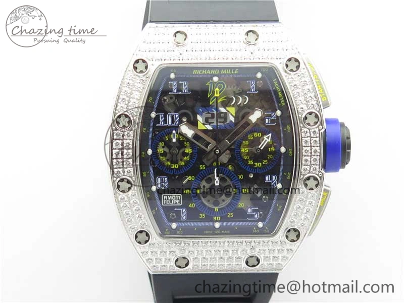 RM011 SS Chrono KVF 1:1 Best Edition Diamonds Bezel Crystal Dial Black on Black Rubber Strap A7750 V3