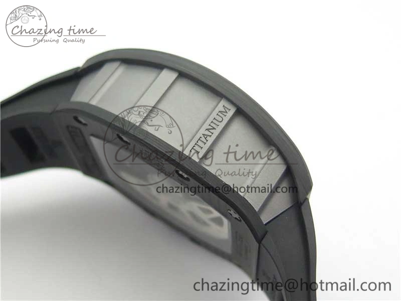 RM011 Titanium Case Carbon Bezel Chronograph KVF 1:1 Best Edition Skeleton Dial Blue Crown on Black Rubber Strap A7750 V2