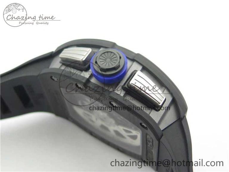 RM011 Titanium Case Carbon Bezel Chronograph KVF 1:1 Best Edition Skeleton Dial Blue Crown on Black Rubber Strap A7750 V2