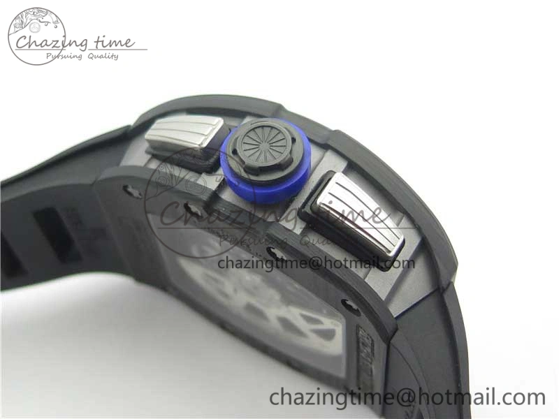 RM011 Titanium Case Carbon Bezel Chronograph KVF 1:1 Best Edition Skeleton Dial Blue Crown on Black Rubber Strap A7750 V2