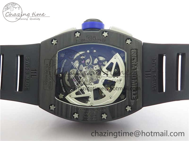 RM011 Titanium Case Carbon Bezel Chronograph KVF 1:1 Best Edition Skeleton Dial Blue Crown on Black Rubber Strap A7750 V2