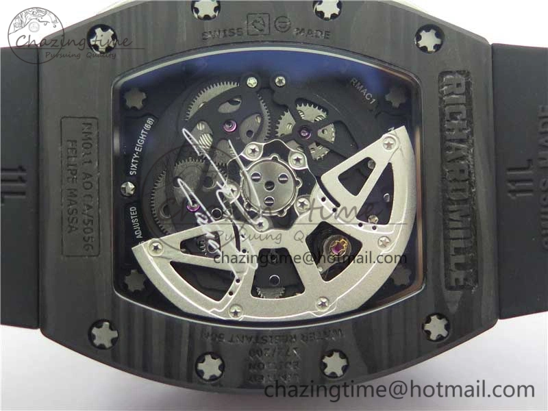 RM011 Titanium Case Carbon Bezel Chronograph KVF 1:1 Best Edition Skeleton Dial Blue Crown on Black Rubber Strap A7750 V2