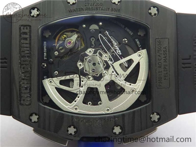RM011 Titanium Case Carbon Bezel Chronograph KVF 1:1 Best Edition Skeleton Dial Blue Crown on Black Rubber Strap A7750 V2