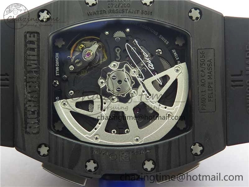 RM011 Titanium Case Carbon Bezel Chronograph KVF 1:1 Best Edition Skeleton Dial Blue Crown on Black Rubber Strap A7750 V2
