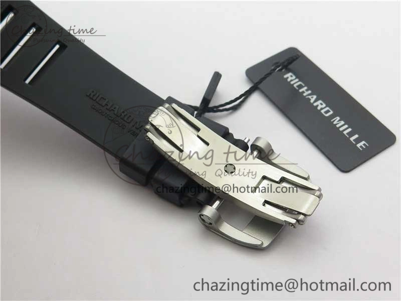 RM011 Titanium Case Carbon Bezel Chronograph KVF 1:1 Best Edition Skeleton Dial Blue Crown on Black Rubber Strap A7750 V2