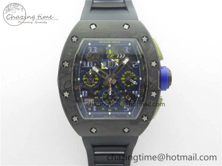 RM011 Titanium Case Carbon Bezel Chronograph KVF 1:1 Best Edition Skeleton Dial Blue Crown on Black Rubber Strap A7750 V2