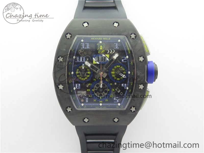 RM011 Titanium Case Carbon Bezel Chronograph KVF 1:1 Best Edition Skeleton Dial Blue Crown on Black Rubber Strap A7750 V2