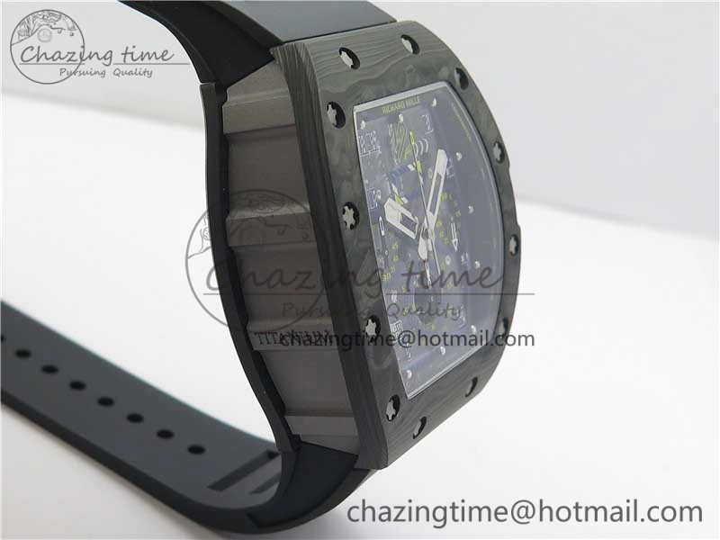 RM011 Titanium Case Carbon Bezel Chronograph KVF 1:1 Best Edition Skeleton Dial Blue Crown on Black Rubber Strap A7750 V2
